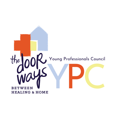 The Doorways logo along with the byline "between healing & home" and "Young Professionals Council - Y P C"