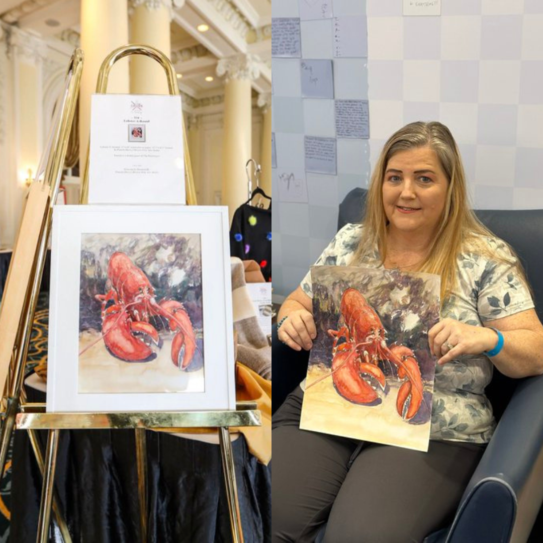 On left: a framed photo of a lobster on an art stand at a silent auction; on right: a smiling adult holds the same lobster artwork
