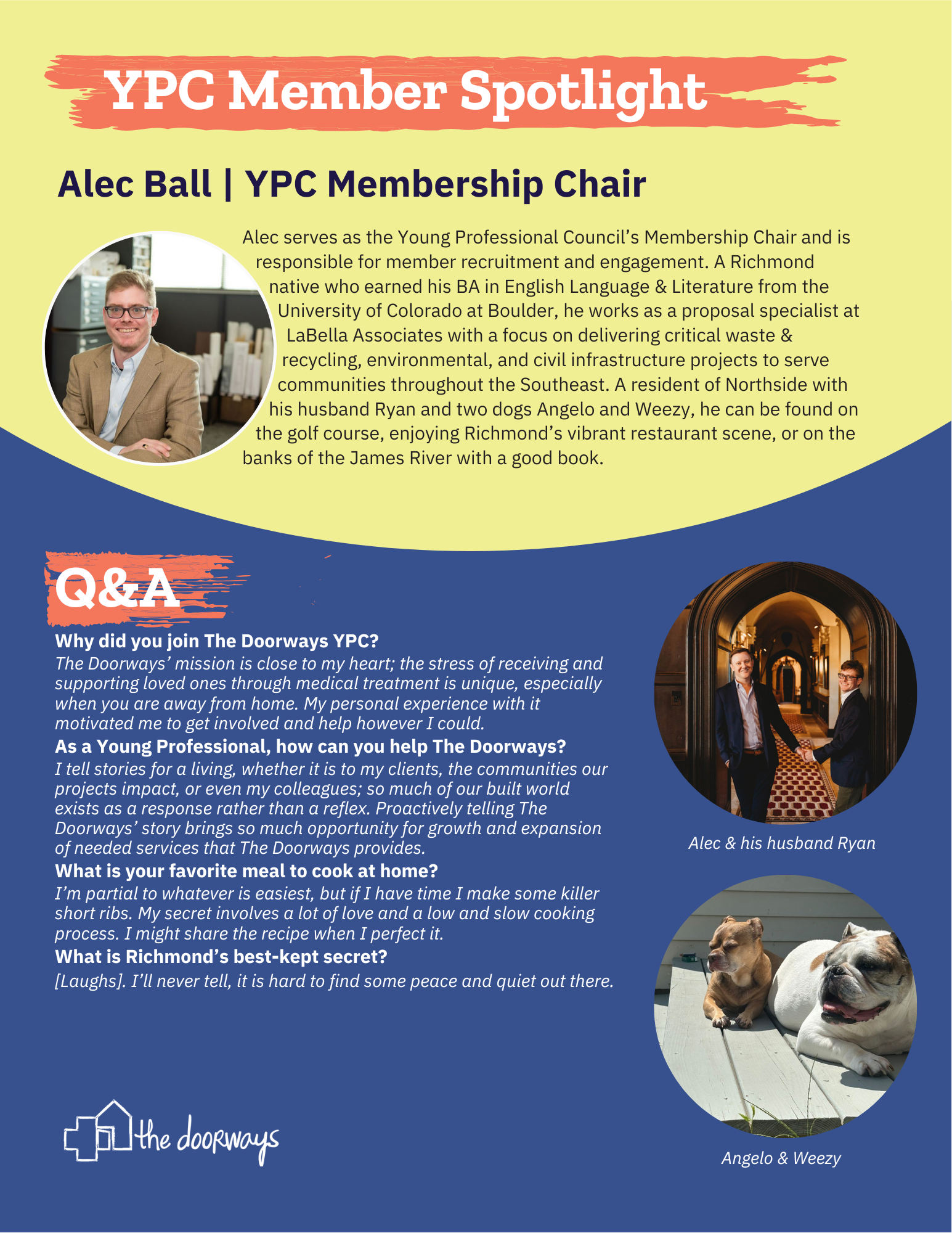 Photo of YPC Membership Chair, Alec Ball, along with another photo of Alec with his husband and another with their two dogs. Text reads 